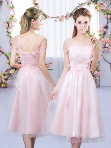  Baby Pink Empire Tulle Sweetheart Short Sleeves Lace and Belt Tea Length Lace Up Quinceanera Court of Honor Dress