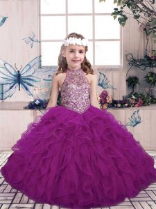  Beading and Ruffles Little Girl Pageant Dress Purple Lace Up Sleeveless Floor Length