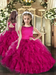 High End Scoop Sleeveless Lace Up Little Girls Pageant Dress Wholesale Fuchsia Tulle