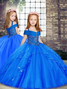 Luxurious Blue Tulle Lace Up Little Girls Pageant Gowns Sleeveless Floor Length Beading