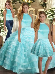 Attractive Organza Halter Top Sleeveless Backless Ruffled Layers Sweet 16 Dress in Aqua Blue