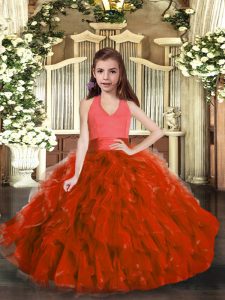  Rust Red Lace Up Halter Top Ruffles Kids Pageant Dress Organza Sleeveless