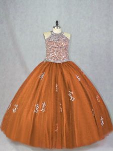 Best Brown Lace Up Halter Top Beading and Appliques Vestidos de Quinceanera Tulle Sleeveless