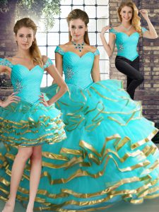 Flirting Floor Length Lace Up Quinceanera Dress Aqua Blue for Military Ball and Sweet 16 and Quinceanera with Beading and Ruffled Layers