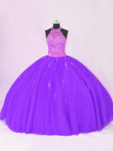 New Arrival Floor Length Lace Up Quinceanera Gown Purple for Sweet 16 and Quinceanera with Beading and Appliques
