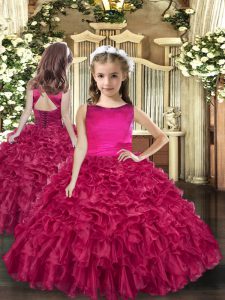  Fuchsia Sleeveless Floor Length Ruffles Lace Up Kids Formal Wear