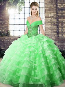Flare Green Quinceanera Gowns Off The Shoulder Sleeveless Brush Train Lace Up