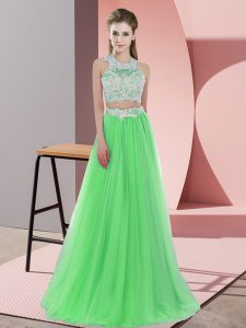 Flare Green Sleeveless Lace Floor Length Quinceanera Court of Honor Dress