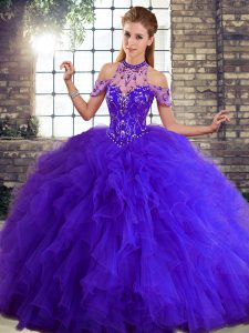 Enchanting Beading and Ruffles Sweet 16 Dress Purple Lace Up Sleeveless Floor Length