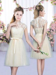  Champagne High-neck Neckline Lace and Bowknot Quinceanera Court of Honor Dress Cap Sleeves Lace Up