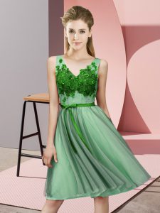  Green Empire V-neck Sleeveless Tulle Knee Length Lace Up Appliques Court Dresses for Sweet 16