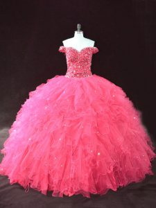 Extravagant Floor Length Hot Pink Quinceanera Dress Off The Shoulder Sleeveless Lace Up