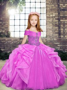 New Style Lilac Ball Gowns Beading and Ruffles Pageant Gowns For Girls Lace Up Organza Sleeveless Floor Length