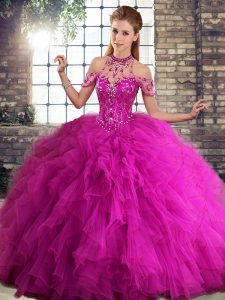 Smart Fuchsia Lace Up Halter Top Beading and Ruffles 15th Birthday Dress Tulle Sleeveless