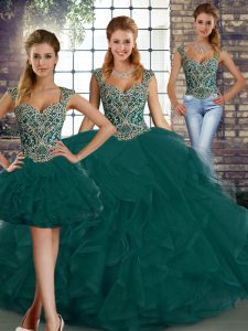 Adorable Sleeveless Tulle Floor Length Lace Up Vestidos de Quinceanera in Peacock Green with Beading and Ruffles