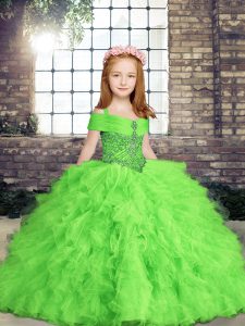  Sleeveless Floor Length Beading and Ruffles Lace Up Little Girl Pageant Dress with 