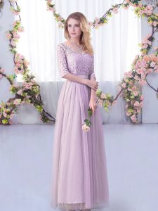 Enchanting Empire Quinceanera Dama Dress Lavender V-neck Tulle Half Sleeves Floor Length Side Zipper