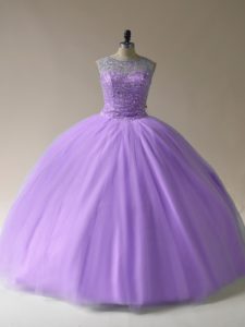  Lavender Ball Gowns Tulle Scoop Sleeveless Beading Floor Length Lace Up Quinceanera Gown