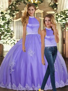 Dramatic Tulle Halter Top Sleeveless Backless Appliques Quince Ball Gowns in Lavender