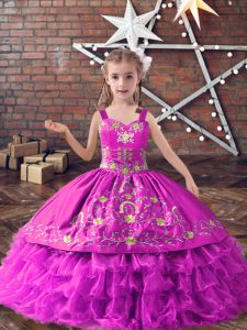 Stunning Lilac Straps Neckline Embroidery and Ruffled Layers Little Girl Pageant Gowns Sleeveless Lace Up