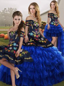  Blue And Black Lace Up Sweet 16 Quinceanera Dress Embroidery and Ruffled Layers Sleeveless Floor Length