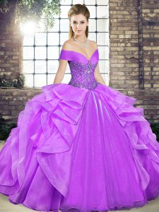  Floor Length Lace Up Vestidos de Quinceanera Lavender for Military Ball and Sweet 16 and Quinceanera with Beading and Ruffles