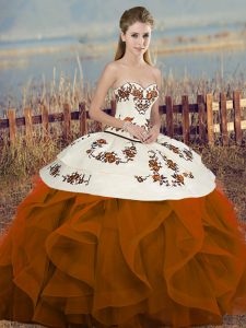 Custom Fit Rust Red Sweet 16 Dress Military Ball and Sweet 16 and Quinceanera with Embroidery and Ruffles and Bowknot Sweetheart Sleeveless Lace Up