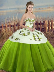 Amazing Sweetheart Sleeveless 15 Quinceanera Dress Floor Length Embroidery and Bowknot Olive Green Tulle