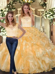  Scoop Sleeveless Quinceanera Dress Floor Length Lace and Ruffles Gold Organza