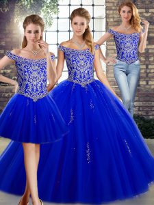 Floor Length Three Pieces Sleeveless Royal Blue Quinceanera Dresses Lace Up