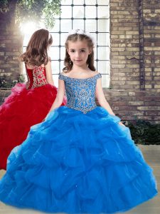 Discount Blue Off The Shoulder Lace Up Beading Kids Pageant Dress Sleeveless