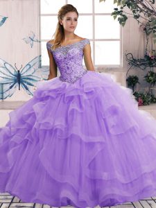 Artistic Lavender Ball Gowns Tulle Off The Shoulder Sleeveless Beading and Ruffles Floor Length Lace Up Sweet 16 Quinceanera Dress