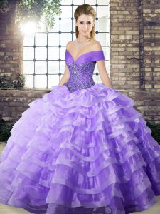  Lavender Ball Gowns Organza Off The Shoulder Sleeveless Beading and Ruffled Layers Lace Up Quince Ball Gowns Brush Train