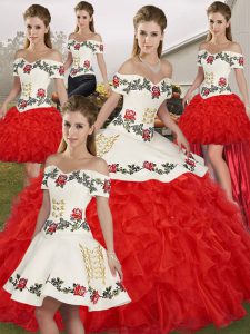  Floor Length Lace Up Quinceanera Dress White And Red for Military Ball and Sweet 16 and Quinceanera with Embroidery and Ruffles
