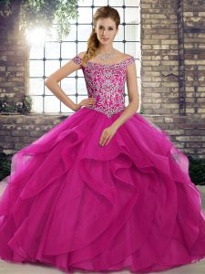  Fuchsia Ball Gown Prom Dress Tulle Brush Train Sleeveless Beading and Ruffles