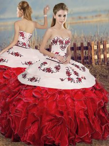  White And Red Quince Ball Gowns Military Ball and Sweet 16 and Quinceanera with Embroidery and Ruffles Sweetheart Sleeveless Lace Up