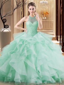  Apple Green Lace Up Halter Top Beading and Ruffles Quince Ball Gowns Organza Sleeveless Brush Train