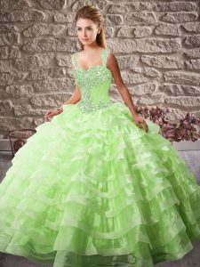 Edgy Organza Straps Sleeveless Court Train Lace Up Beading and Ruffled Layers Quince Ball Gowns in 