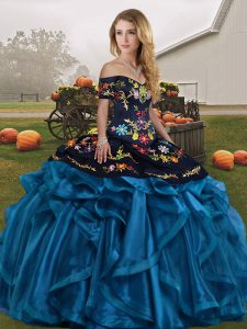 Exquisite Blue And Black Lace Up Quinceanera Gowns Embroidery and Ruffles Sleeveless Floor Length