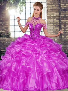  Purple Quinceanera Gowns Military Ball and Sweet 16 and Quinceanera with Beading and Ruffles Halter Top Sleeveless Lace Up