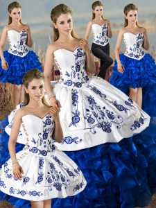 Sophisticated Blue And White Ball Gowns Sweetheart Sleeveless Organza Floor Length Lace Up Embroidery and Ruffles Sweet 16 Dress