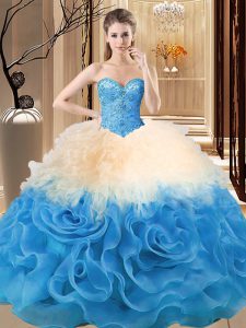  Multi-color Organza and Fabric With Rolling Flowers Lace Up Sweet 16 Quinceanera Dress Sleeveless Floor Length Beading and Ruffles