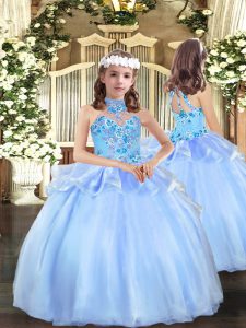 Floor Length Lace Up Little Girl Pageant Gowns Blue for Party and Wedding Party with Appliques