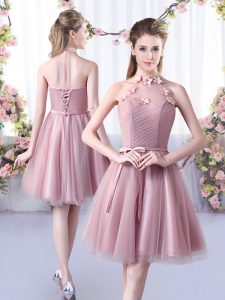  Knee Length Lace Up Vestidos de Damas Pink for Wedding Party with Appliques and Belt