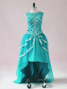 Great Teal Tulle Zipper Prom Dress Sleeveless High Low Beading and Appliques