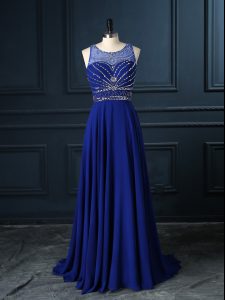 Sumptuous Sleeveless Chiffon Brush Train Criss Cross Prom Dresses in Royal Blue with Beading