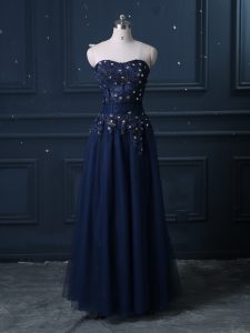  Floor Length Zipper Homecoming Dress Navy Blue for Prom and Party and Military Ball and Sweet 16 and Quinceanera with Lace