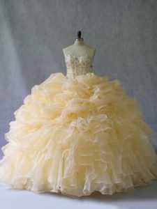  Floor Length Lace Up Vestidos de Quinceanera Gold for Quinceanera with Beading and Ruffles and Pick Ups