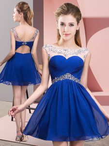 Fine Royal Blue Taffeta Backless Prom Dresses Sleeveless Mini Length Beading and Ruching