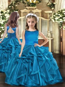 Pretty Floor Length Blue Little Girls Pageant Dress Wholesale Organza Sleeveless Ruffles